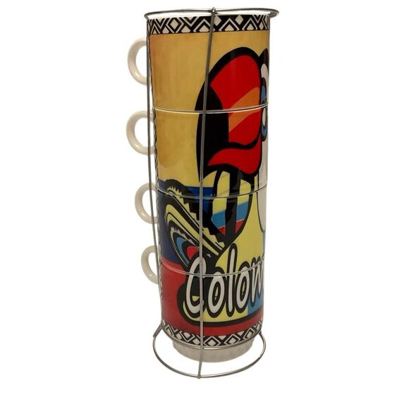 Vintage Columbia Toucan Stacking Coffee Cups. Set of 4 with Metal Holder - Picture 6 of 16